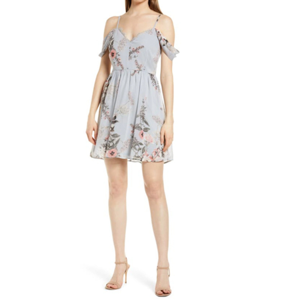 Lulus Verona Off the Shoulder Floral Dress Size XL Light Blue Lace Mini A-Line